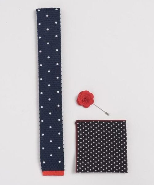 Blue/White Polka Dot Knitted Set - Red Flower Lapel
