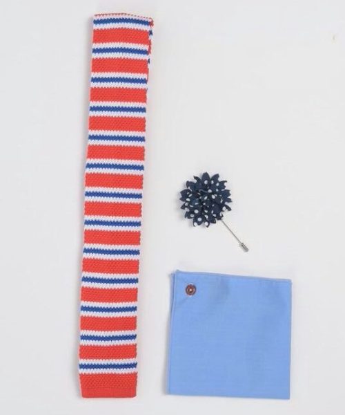 Orange/Blue Knitted Set - Dark blue White Polka Dot Lapel